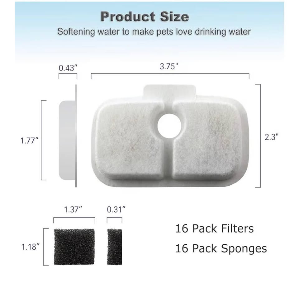 16 Pack Cat Water Fountain Replacement Filter for Petlibro Dockstream Cat Water 