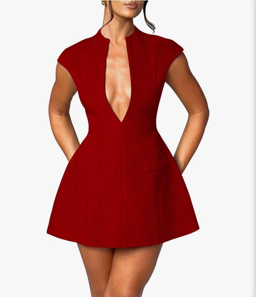 Red Deep V-Neck Sleeveless Blazer Mini Dress，S