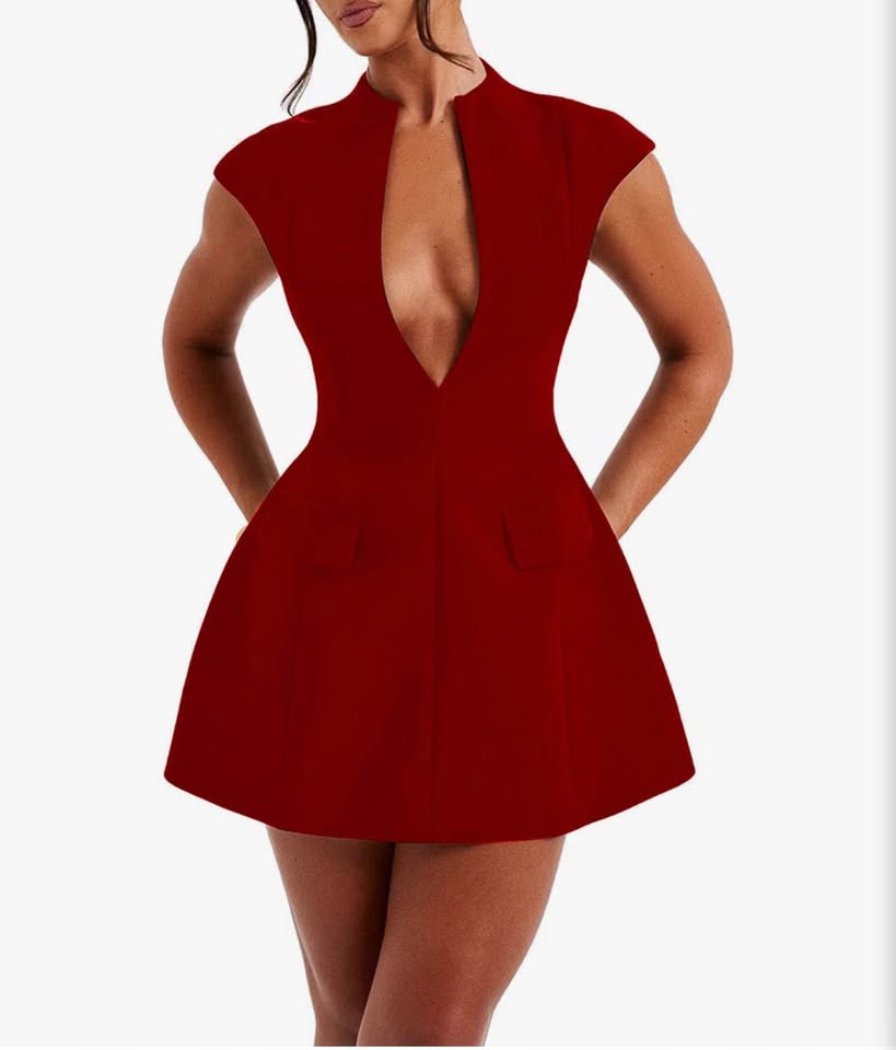 Red Deep V-Neck Sleeveless Blazer Mini Dress，S