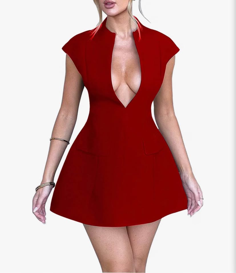 Red Deep V-Neck Sleeveless Blazer Mini Dress，S