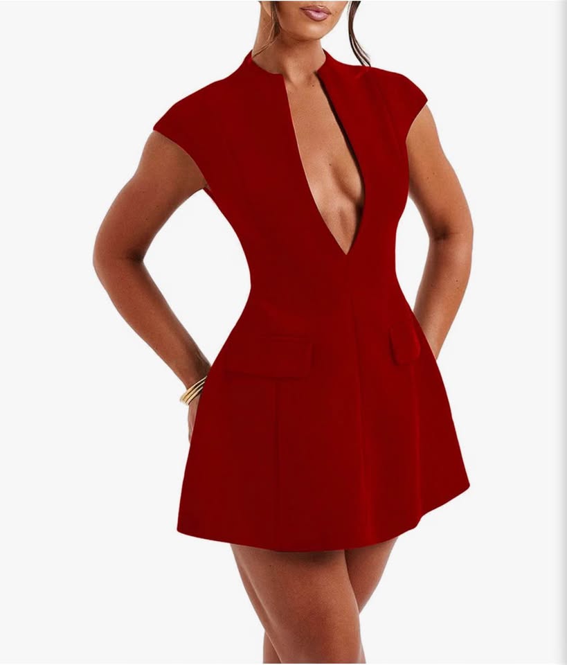 Red Deep V-Neck Sleeveless Blazer Mini Dress，S