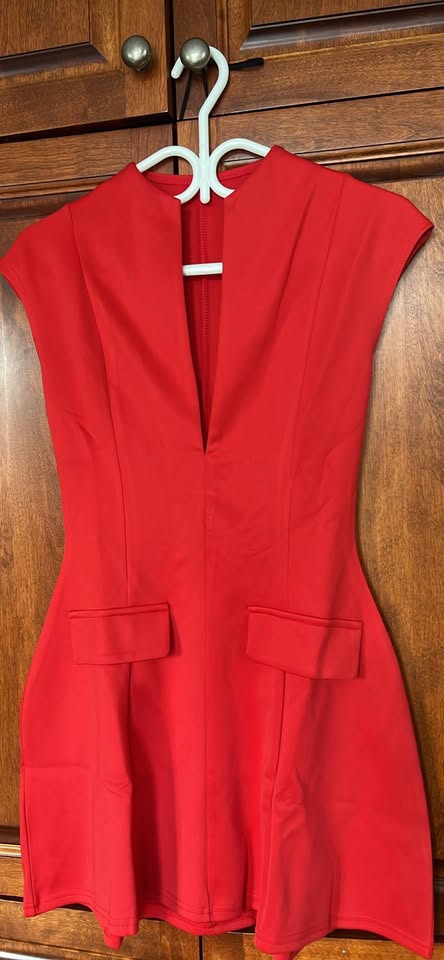 Red Deep V-Neck Sleeveless Blazer Mini Dress，S