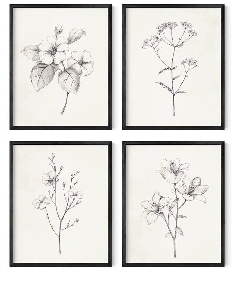 Grey Floral Wall Art - Set of 4 Plant Posters for Wall Vintage, Botanical Prints
