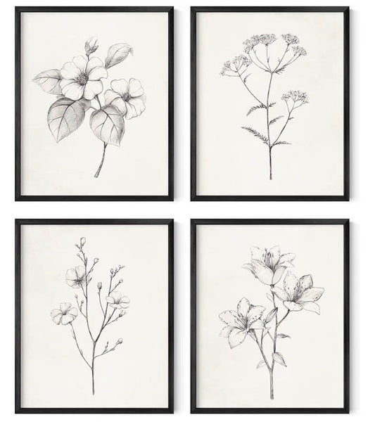 Grey Floral Wall Art - Set of 4 Plant Posters for Wall Vintage, Botanical Prints