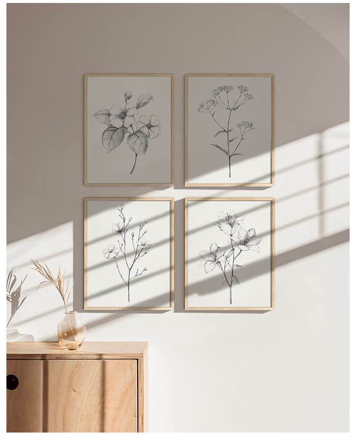 Grey Floral Wall Art - Set of 4 Plant Posters for Wall Vintage, Botanical Prints