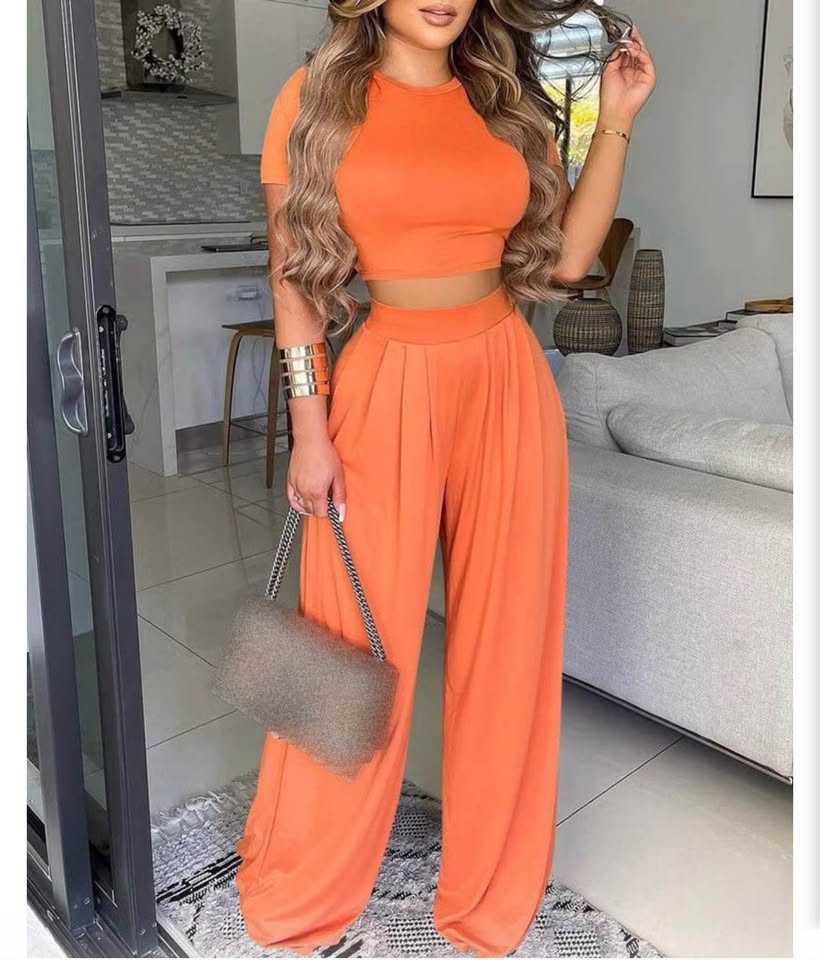Drikio Orange Two-Piece Crop Top and Wide-Leg Pants Set