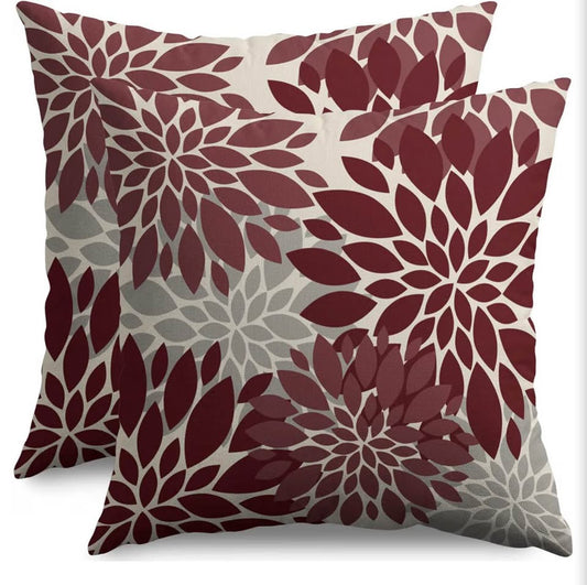 Set of 2 Burgundy and Grey Floral Dahlia Throw Pillow Covers