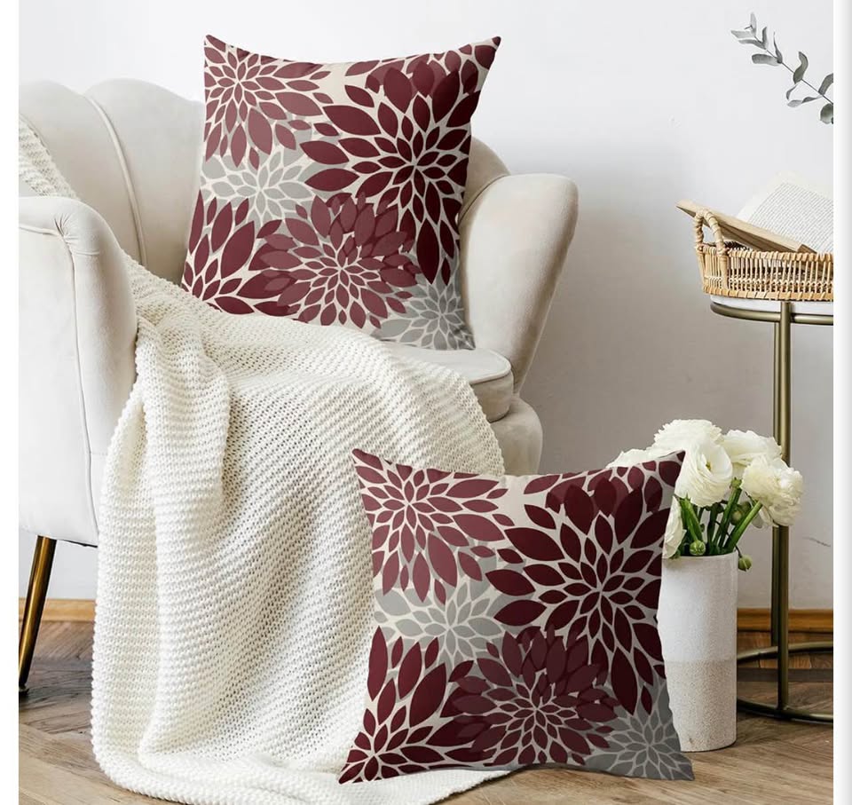 Set of 2 Burgundy and Grey Floral Dahlia Throw Pillow Covers