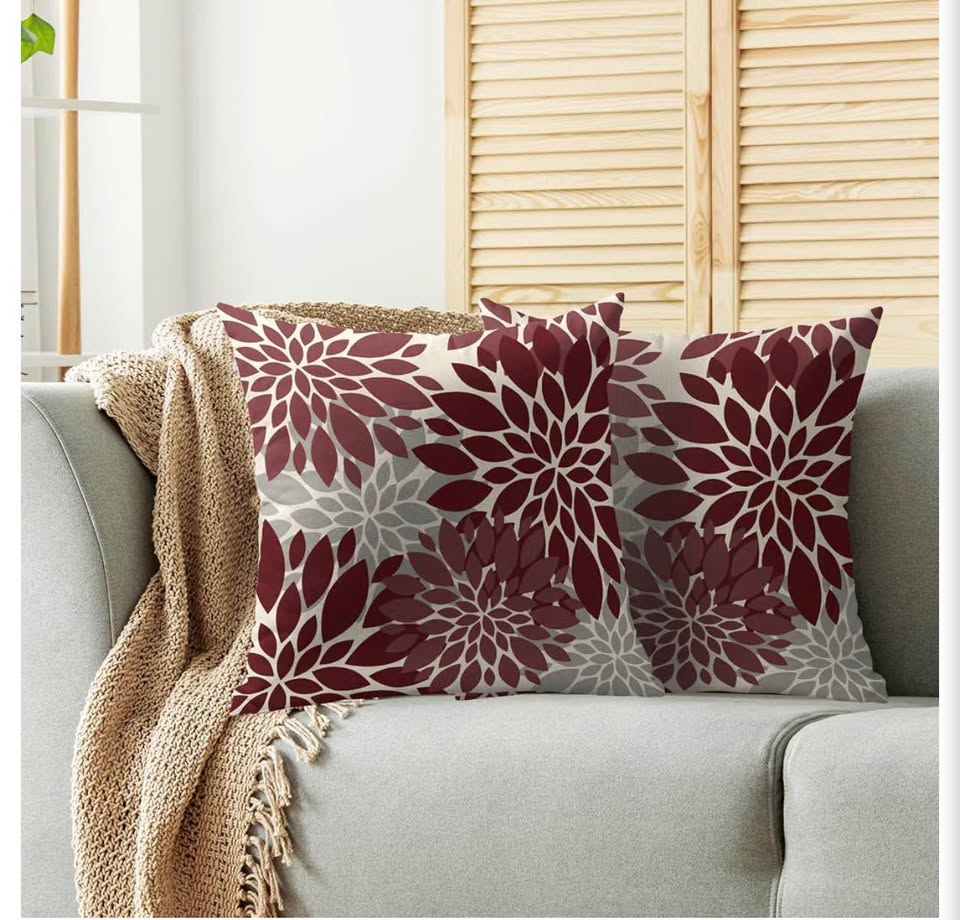 Set of 2 Burgundy and Grey Floral Dahlia Throw Pillow Covers