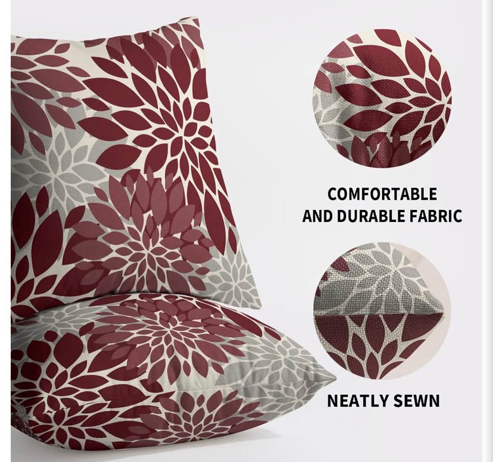 Set of 2 Burgundy and Grey Floral Dahlia Throw Pillow Covers
