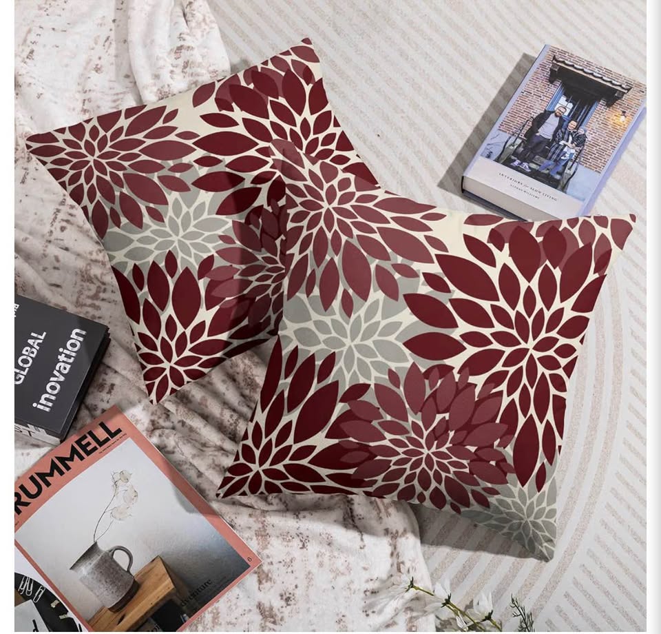 Set of 2 Burgundy and Grey Floral Dahlia Throw Pillow Covers
