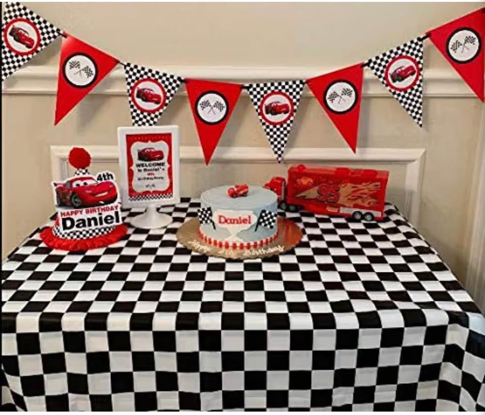 Pack of 3, Black & White Checkered Flag Table Cover