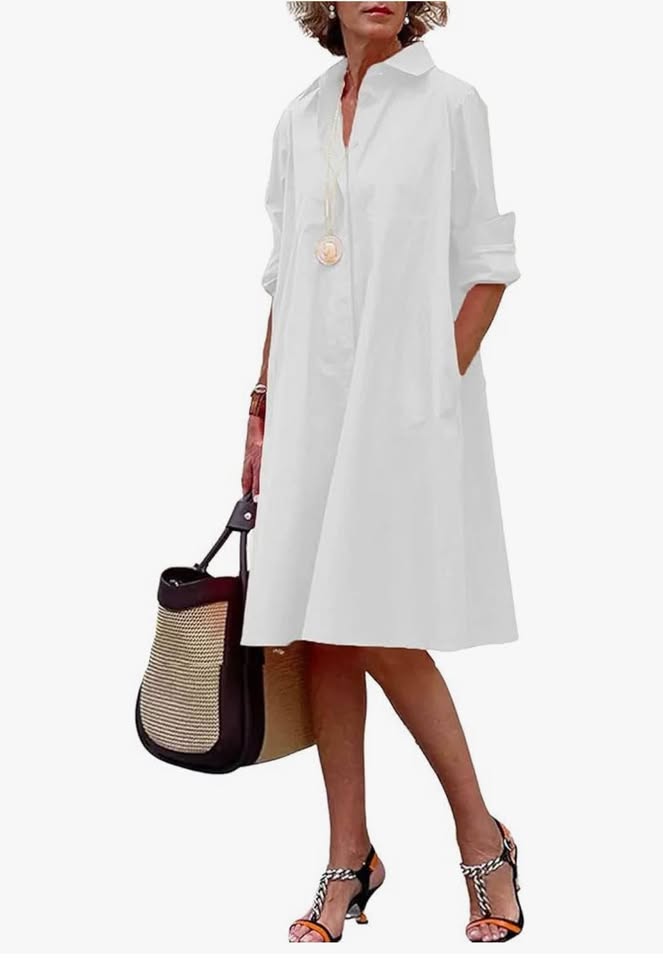 Women's Spring Summer Button-Down Shirt Dress Loose A-Line Midi Shift Tunic Dres