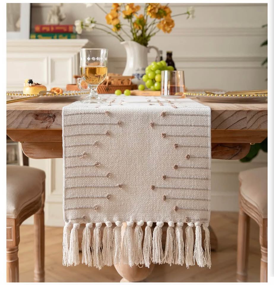 Boho Tufted Woven Table Runner with Tassels
