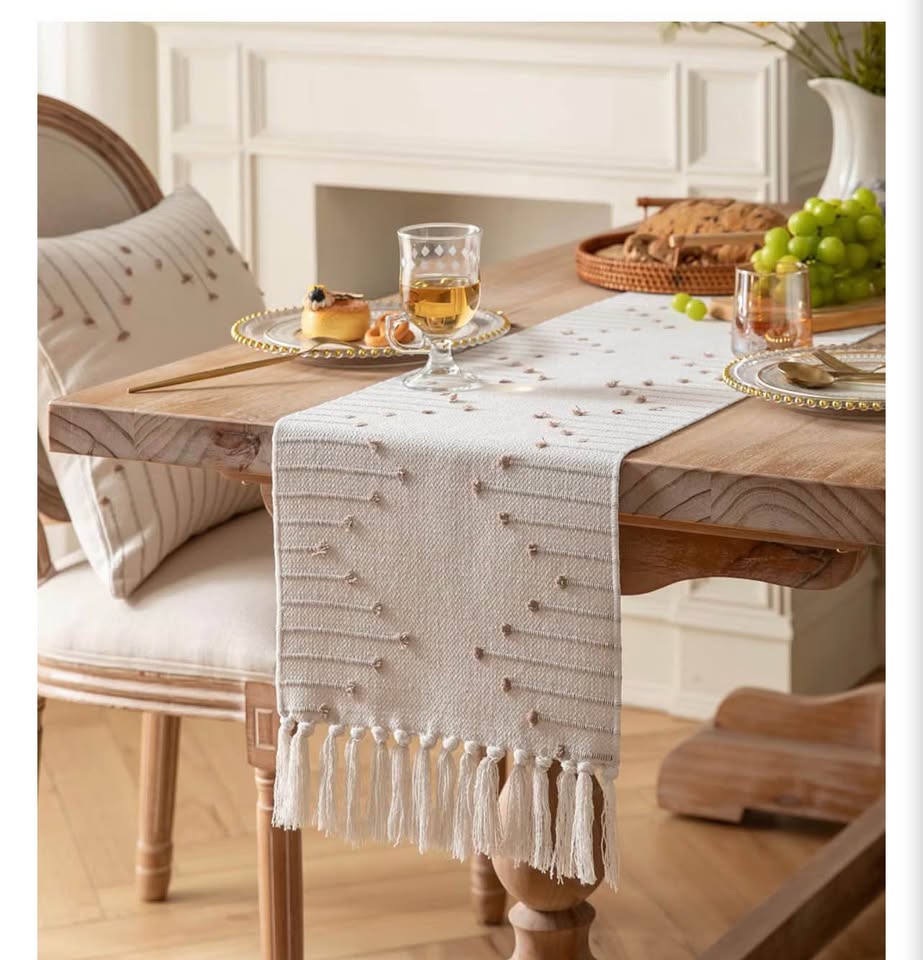 Boho Tufted Woven Table Runner with Tassels