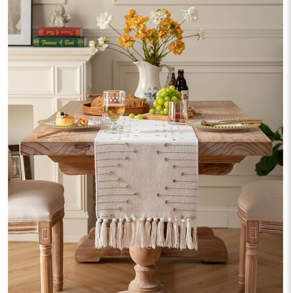 Boho Tufted Woven Table Runner with Tassels