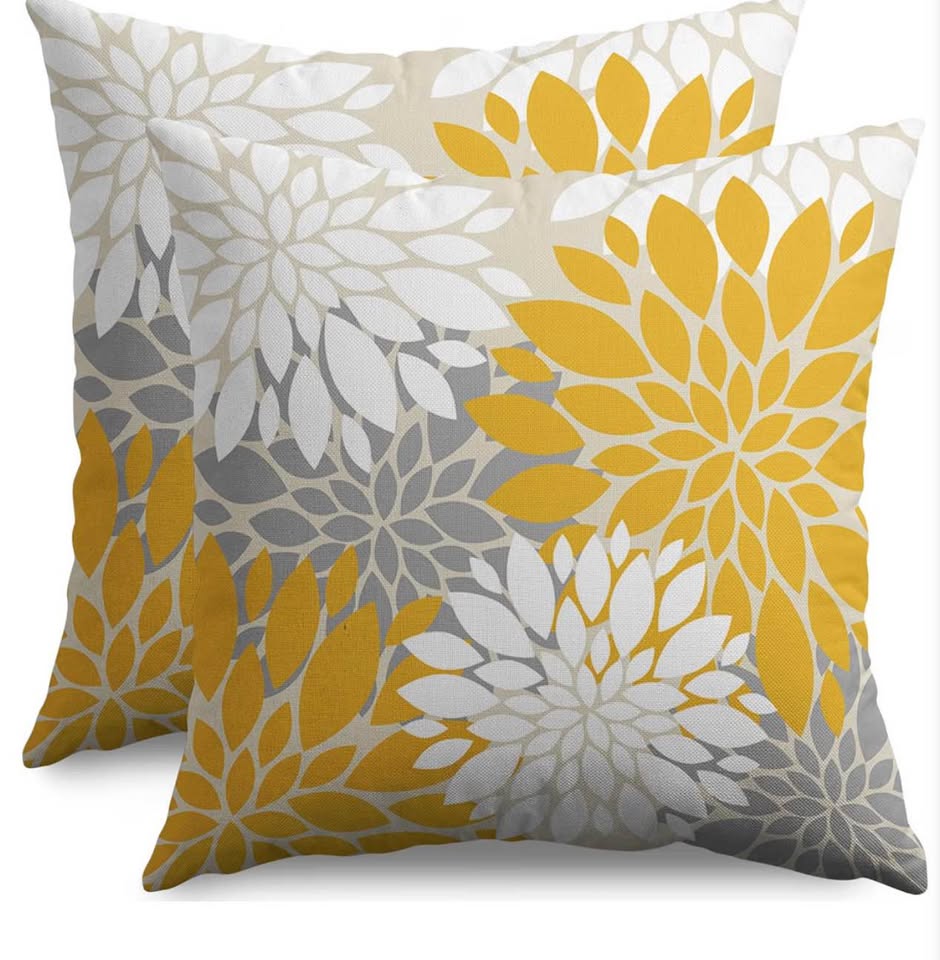 Set of 2 Yellow and Grey Floral Throw Pillow Covers