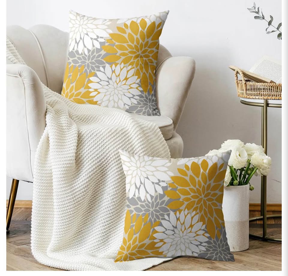 Set of 2 Yellow and Grey Floral Throw Pillow Covers