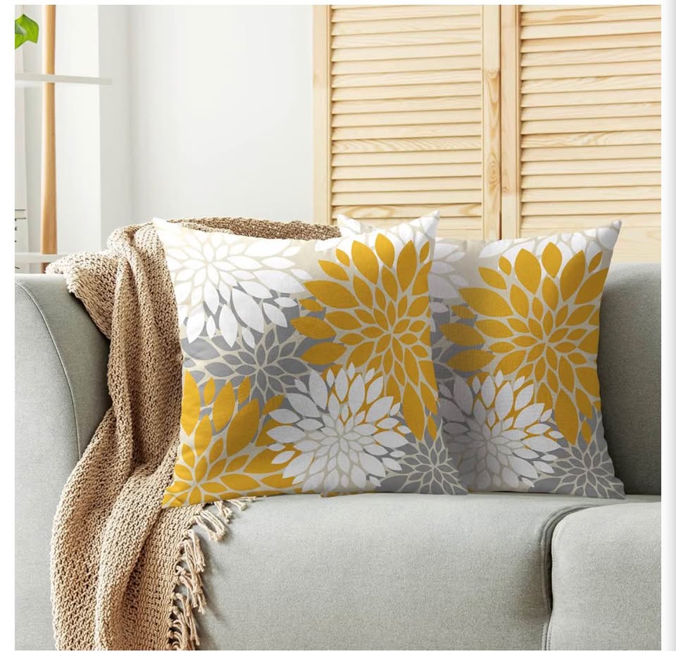 Set of 2 Yellow and Grey Floral Throw Pillow Covers