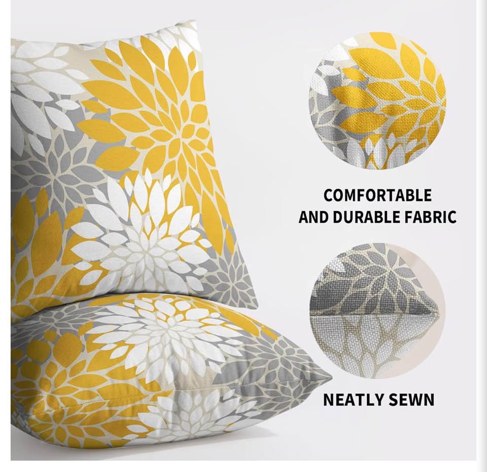 Set of 2 Yellow and Grey Floral Throw Pillow Covers