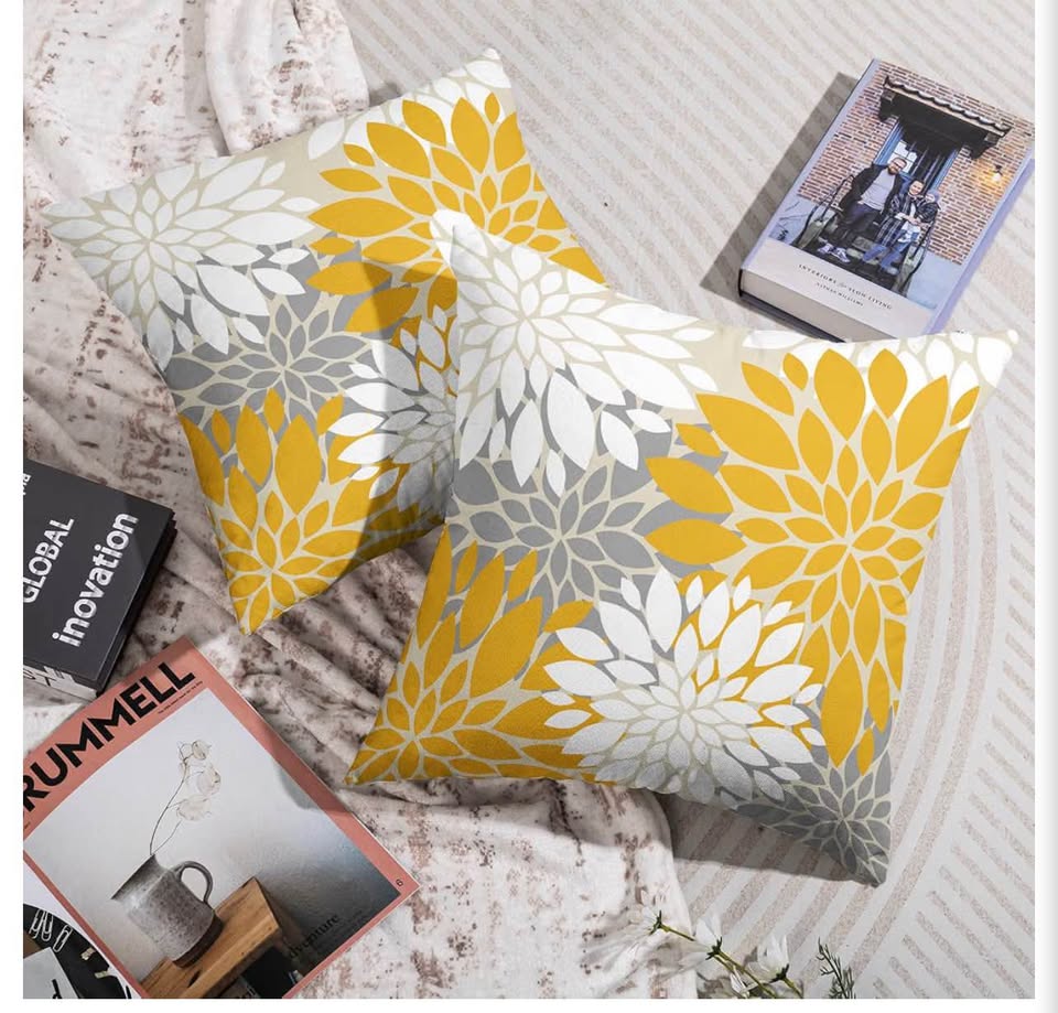Set of 2 Yellow and Grey Floral Throw Pillow Covers
