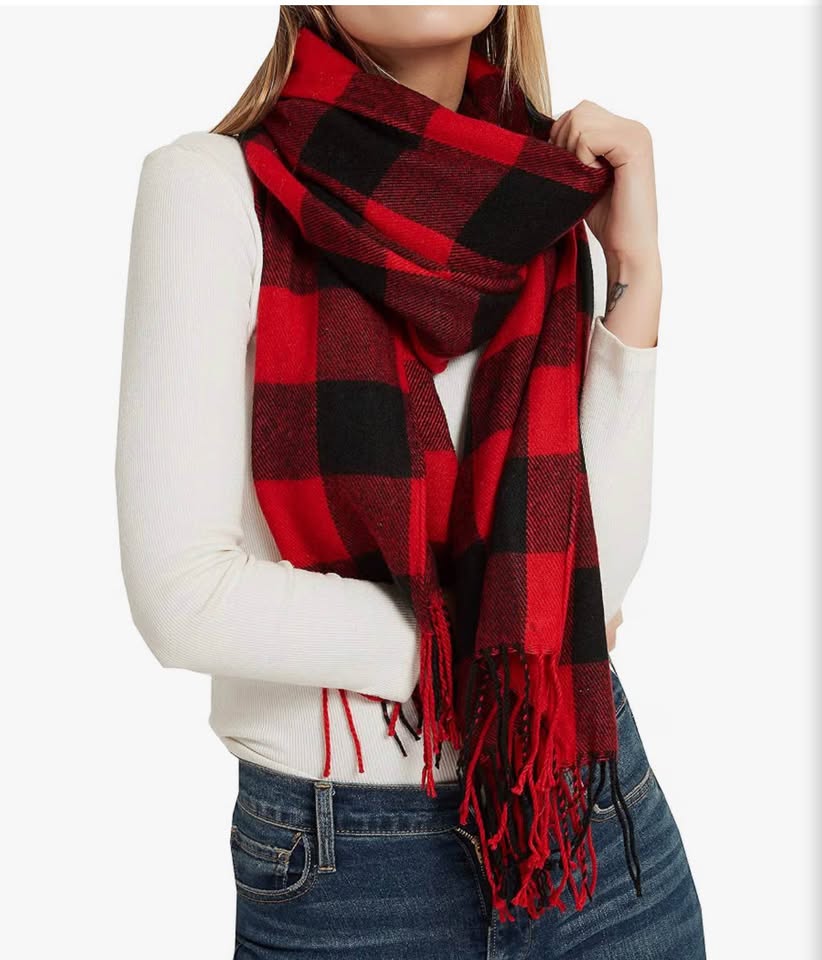 Red and Black Buffalo Plaid Scarf with Fringe