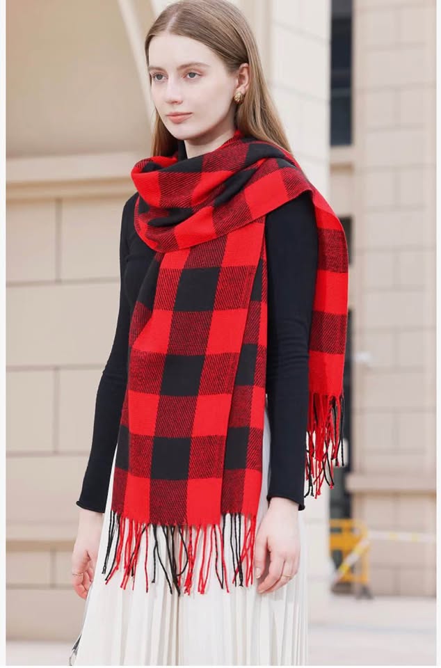 Red and Black Buffalo Plaid Scarf with Fringe