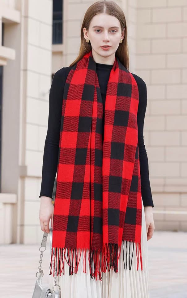 Red and Black Buffalo Plaid Scarf with Fringe