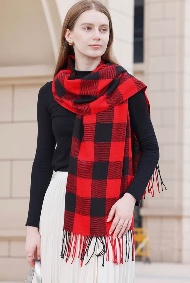 Red and Black Buffalo Plaid Scarf with Fringe