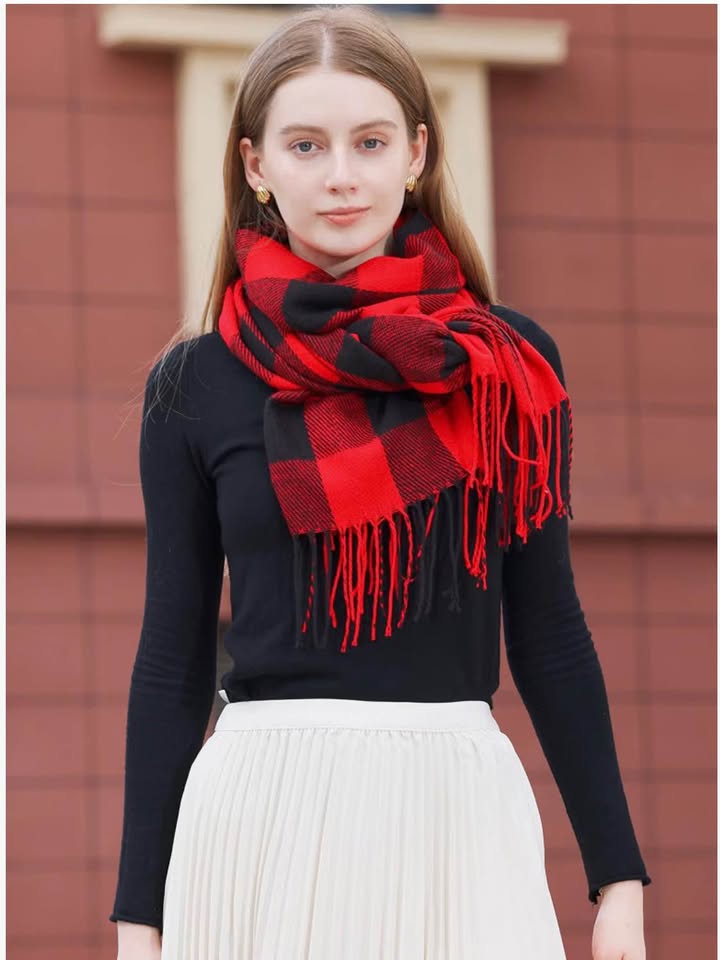 Red and Black Buffalo Plaid Scarf with Fringe