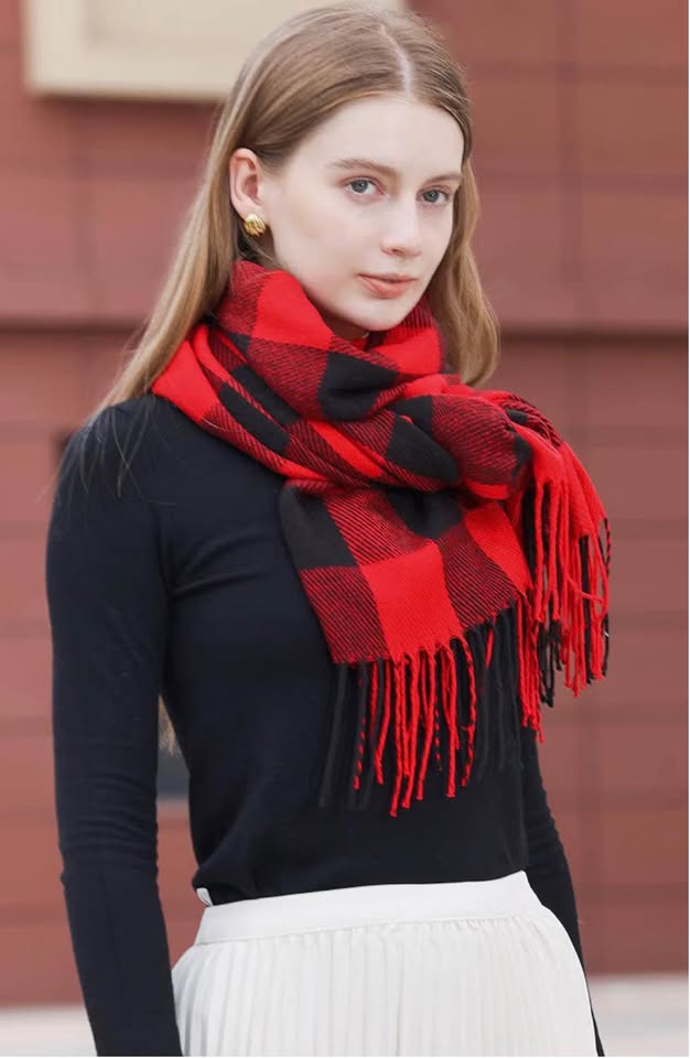 Red and Black Buffalo Plaid Scarf with Fringe