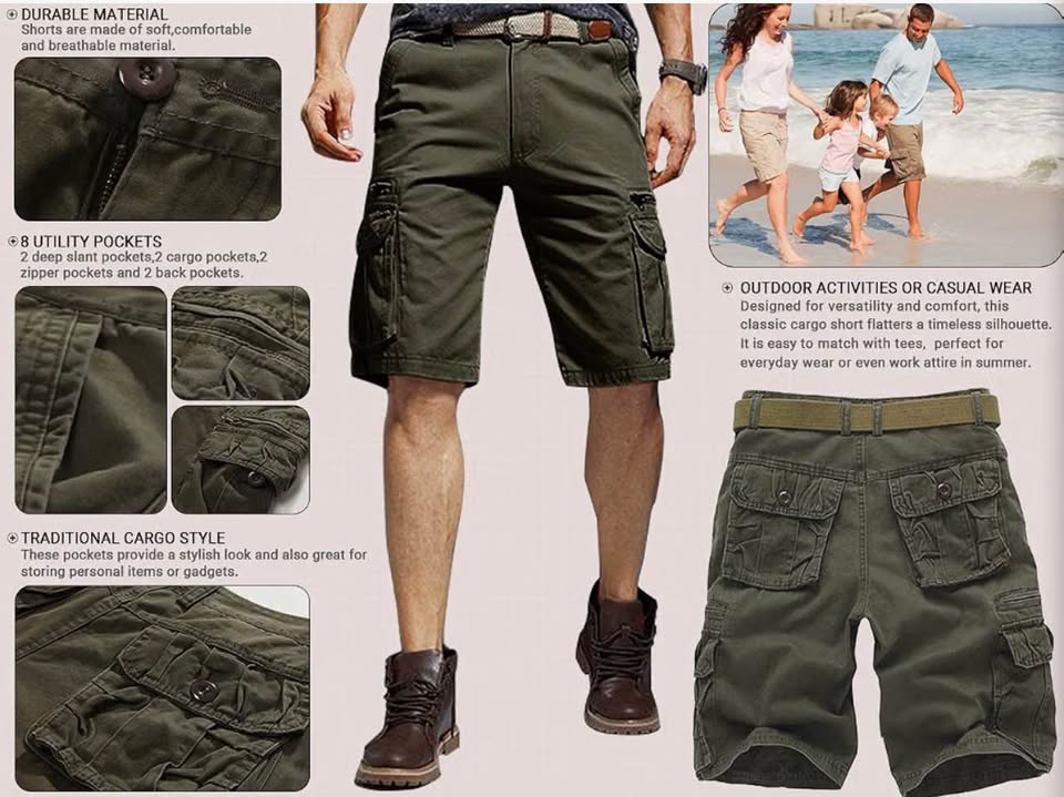 Men's Olive Green 8-Pocket Cargo Shorts