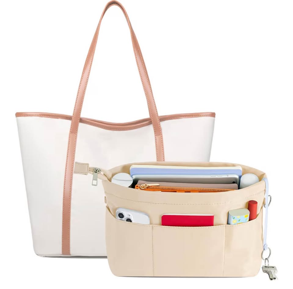 Purse Organizer Insert with Zipped Top for Tote Bag, Handbag Shaper with 13 Pock