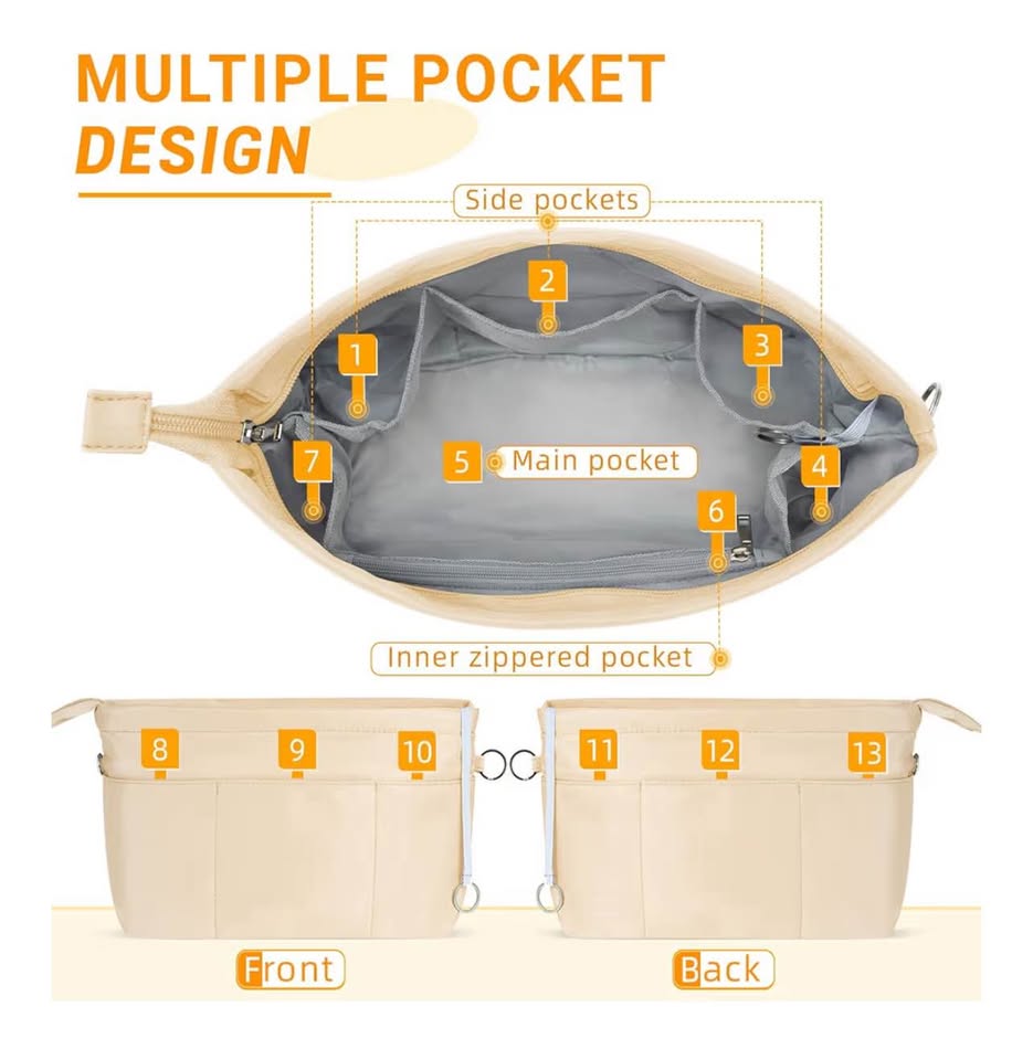 Purse Organizer Insert with Zipped Top for Tote Bag, Handbag Shaper with 13 Pock