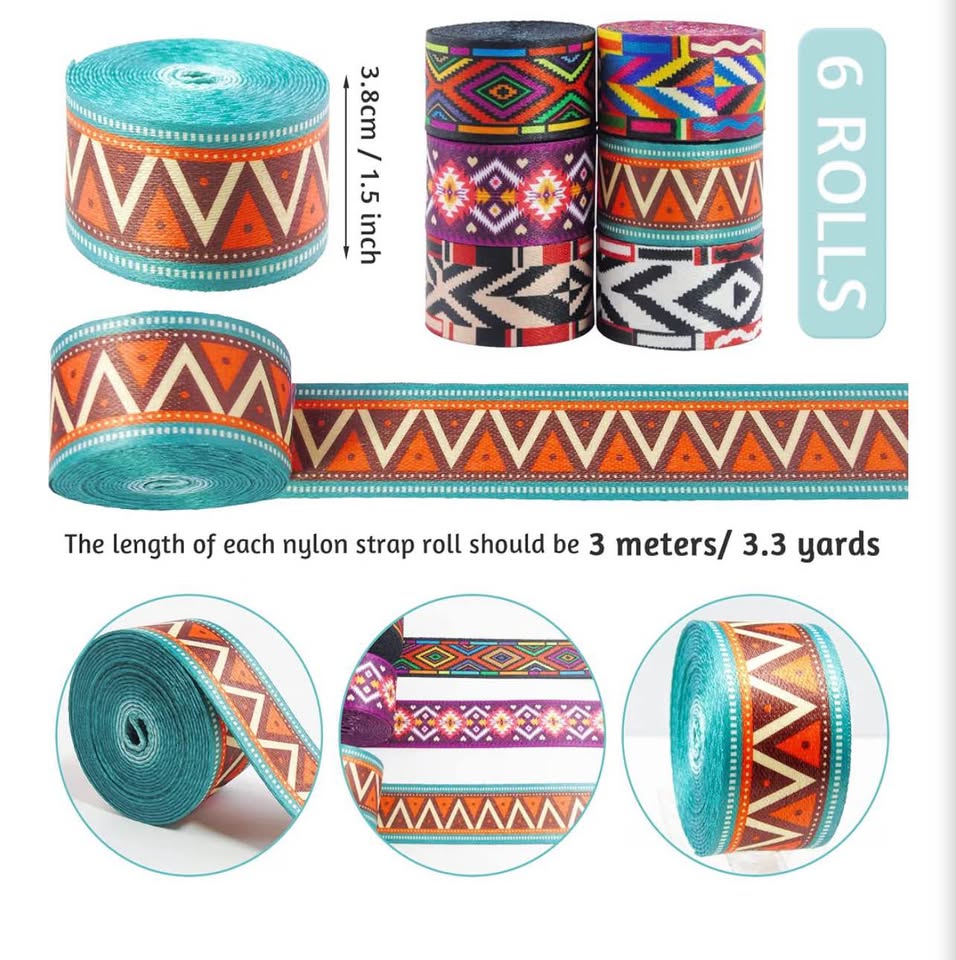 6 Rolls 1.5 inch Bohemian Nylon Webbing Belt Webbing Straps Purse Straps Backpac