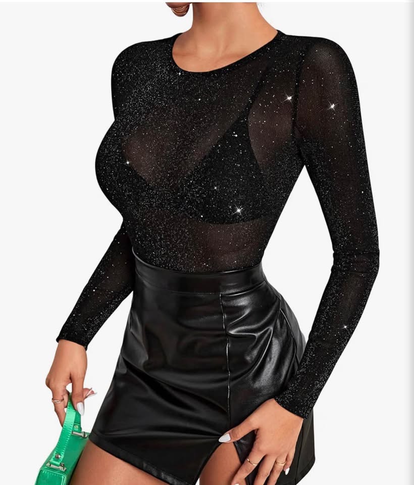 Black Glitter Mesh Long Sleeve Top S，M，L