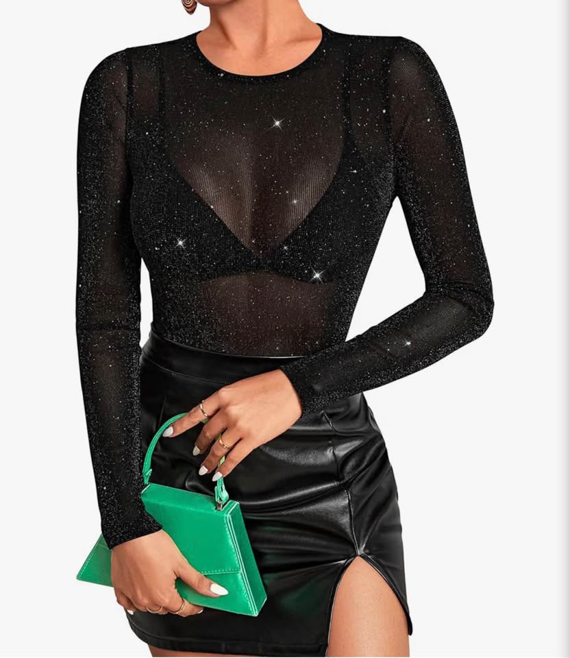 Black Glitter Mesh Long Sleeve Top S，M，L
