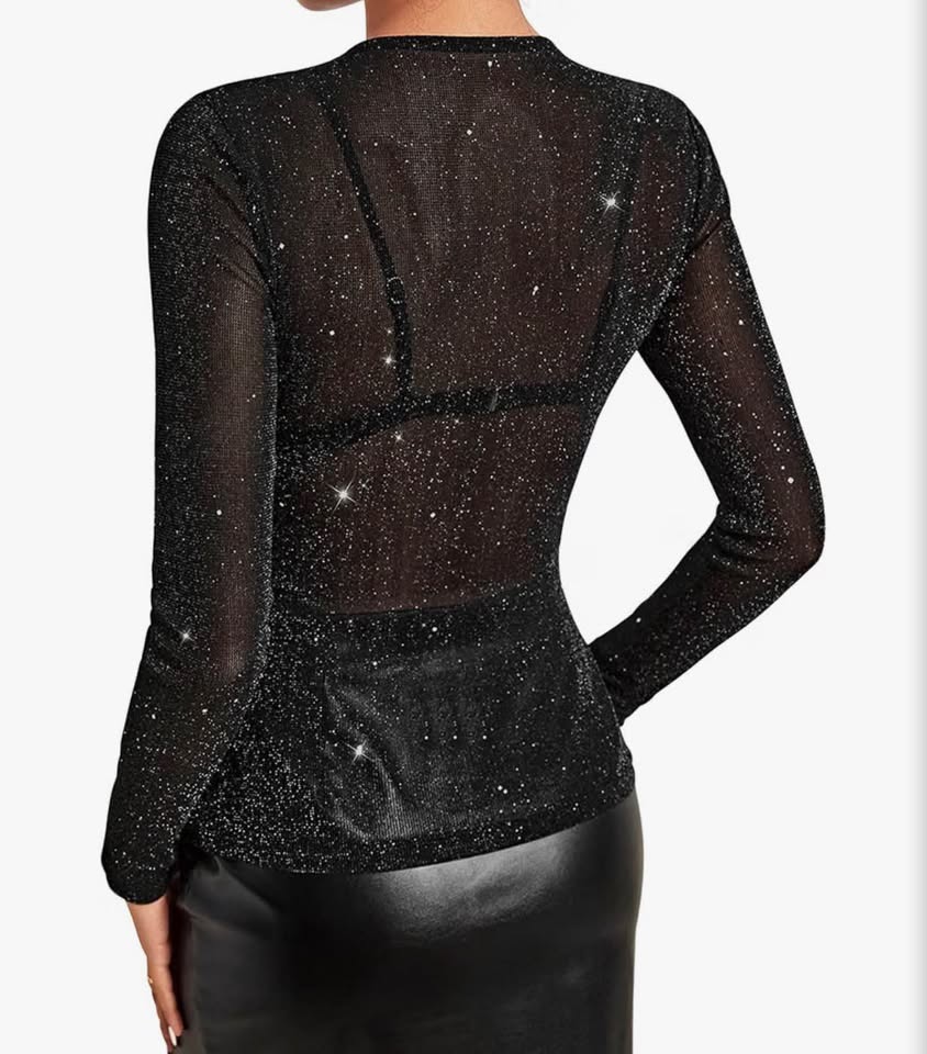 Black Glitter Mesh Long Sleeve Top S，M，L