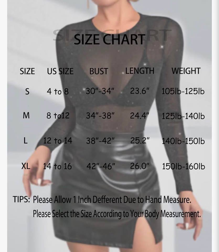 Black Glitter Mesh Long Sleeve Top S，M，L