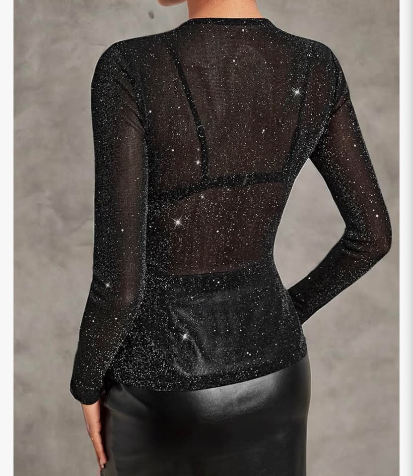 Black Glitter Mesh Long Sleeve Top S，M，L