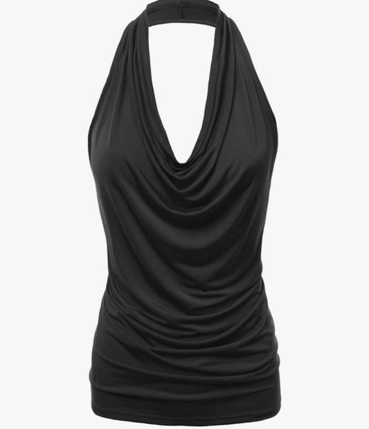 Women's Halter Neck Front Draped Backless Tank Top black Medium