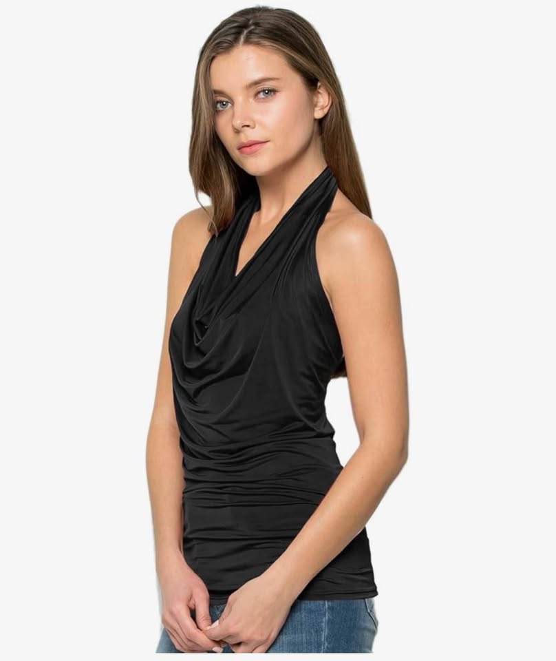 Women's Halter Neck Front Draped Backless Tank Top black Medium
