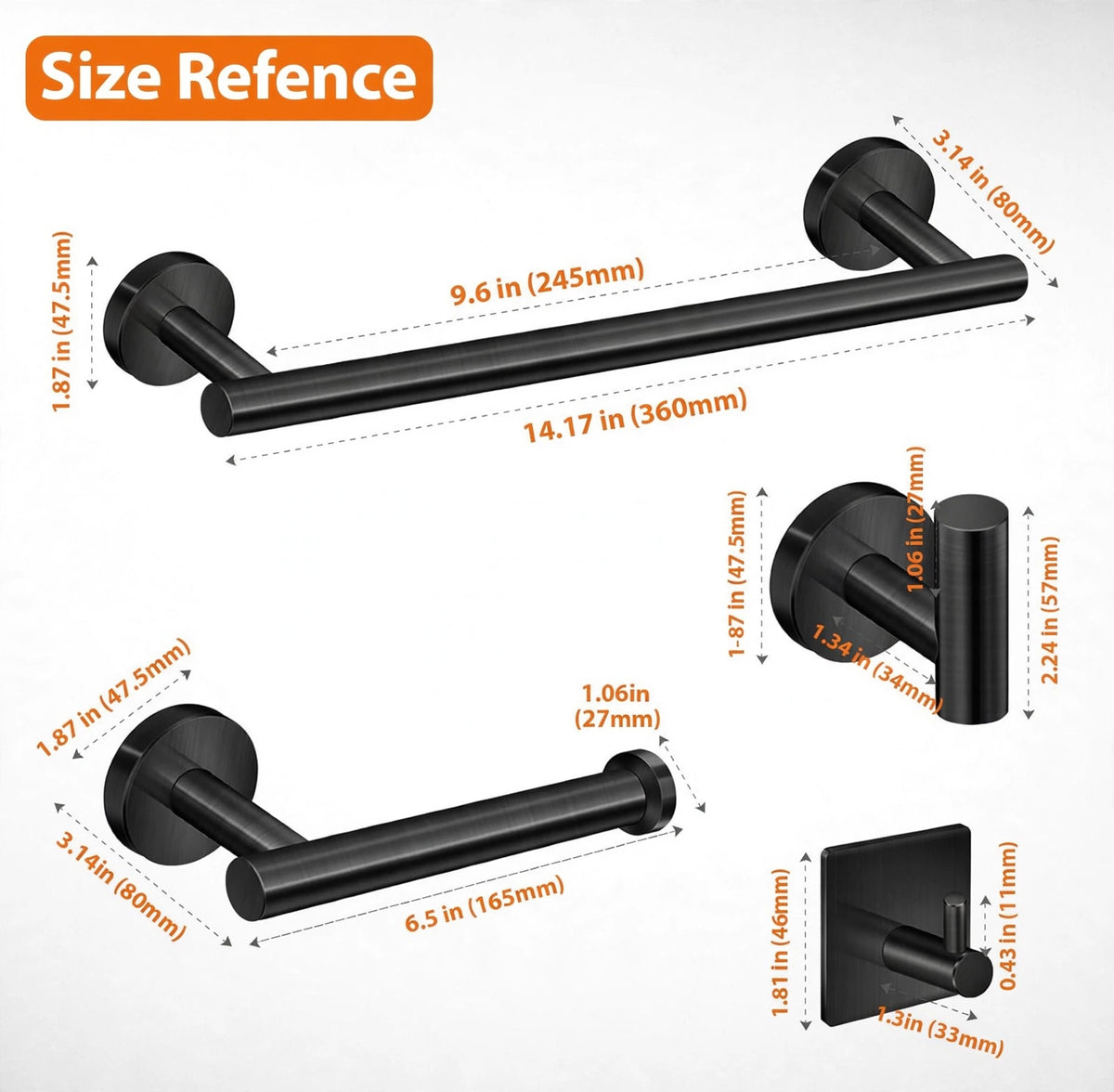 Tudoccy 5-Pieces Matte Black Bathroom Hardware Set SUS304 Stainless Steel Round Wall Mounted